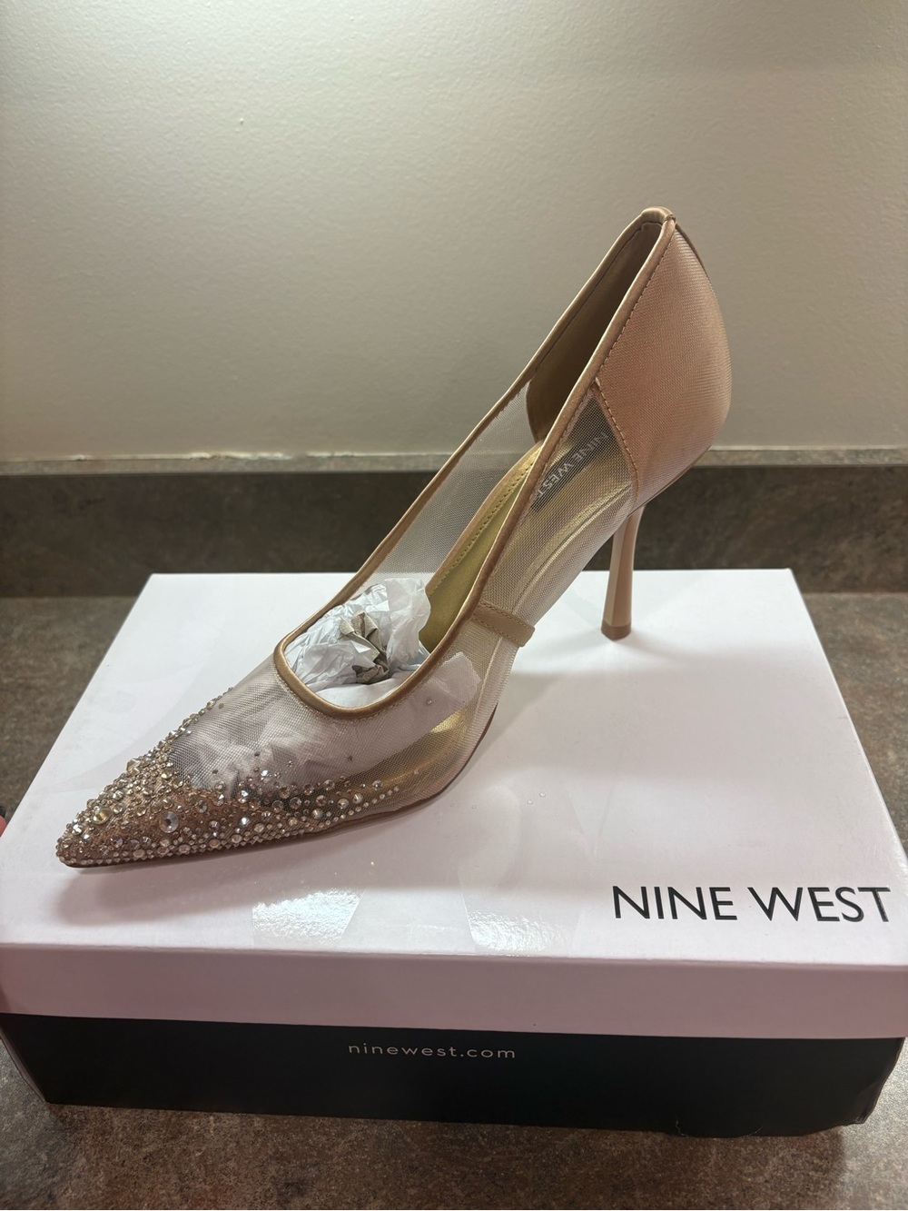 Nine West Blush Pink Crystal Pointed Mesh Pump
